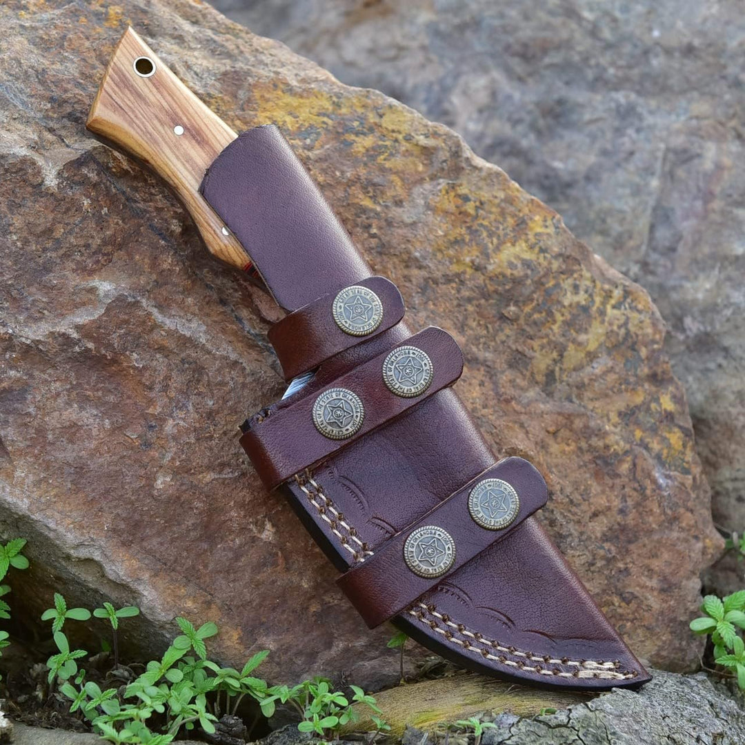 Damascus Hunting Knife 8.5" | EDC Pocket, Wood Handle