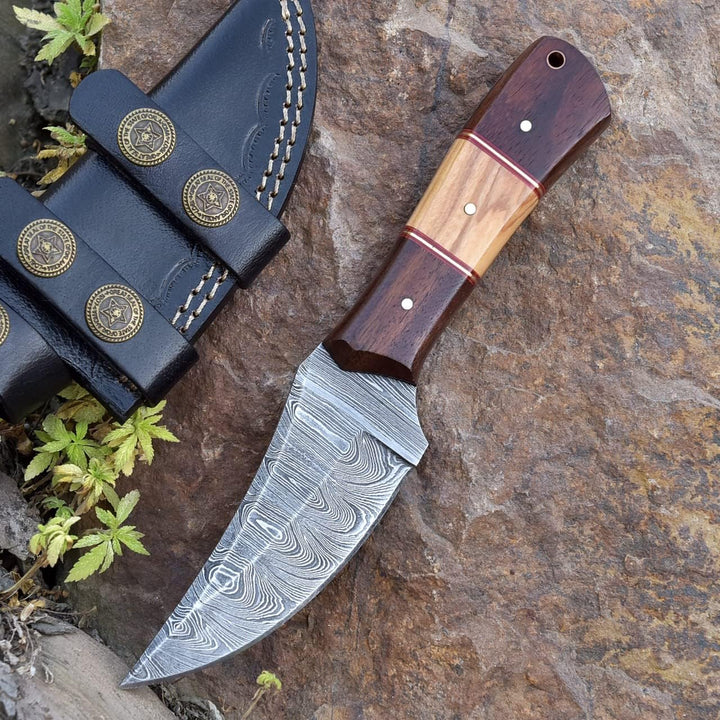 Survival Damascus Knife 8" | Ideal for Camping | Rose / Olive Handle