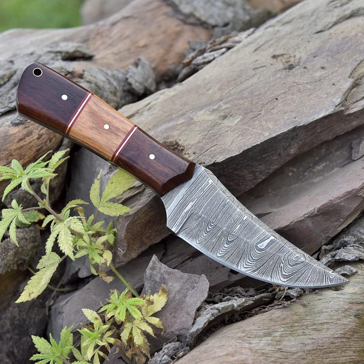 Survival Damascus Knife 8" | Ideal for Camping | Rose / Olive Handle