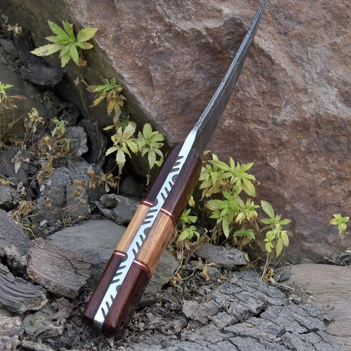 Survival Damascus Knife 8" | Ideal for Camping | Rose / Olive Handle