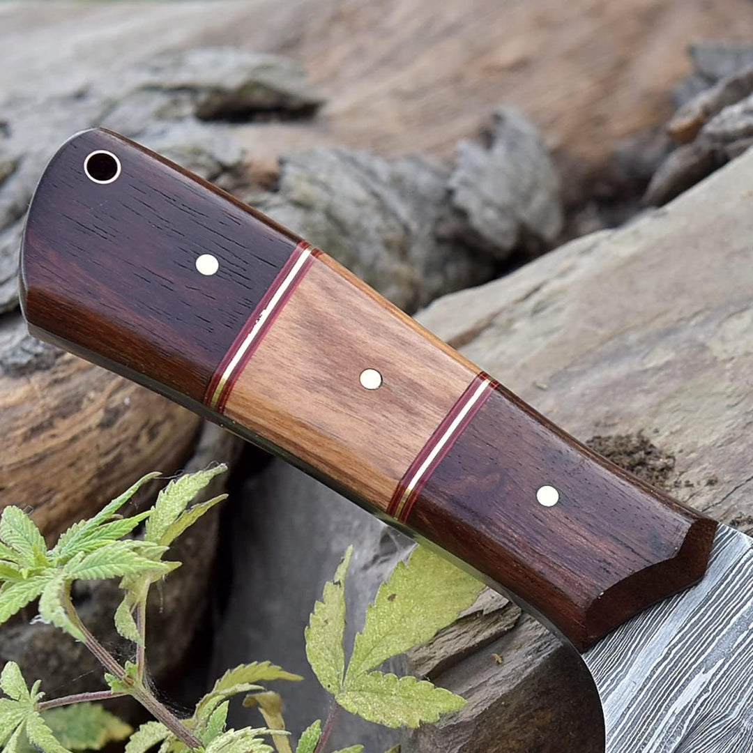 Survival Damascus Knife 8" | Ideal for Camping | Rose / Olive Handle