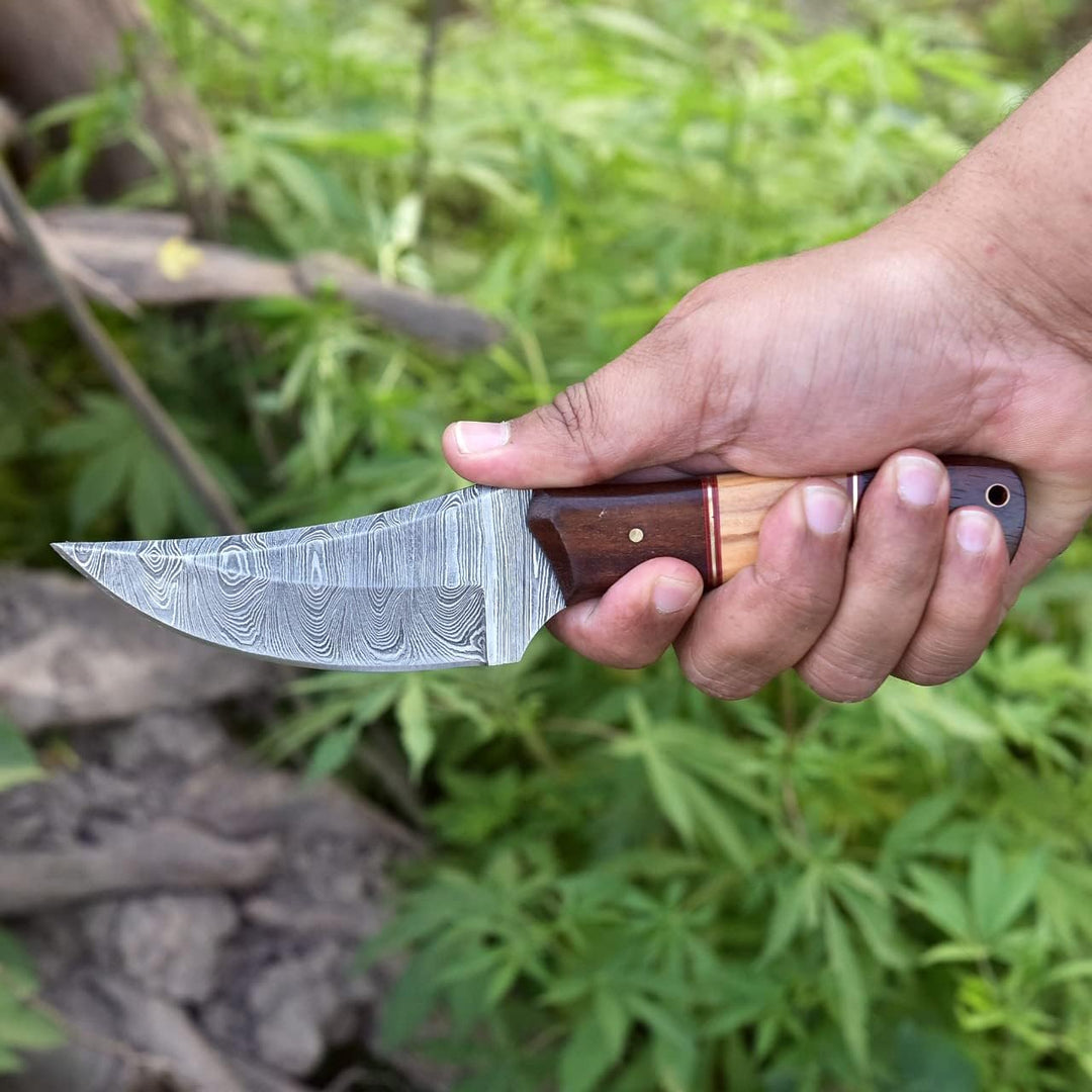 Survival Damascus Knife 8" | Ideal for Camping | Rose / Olive Handle