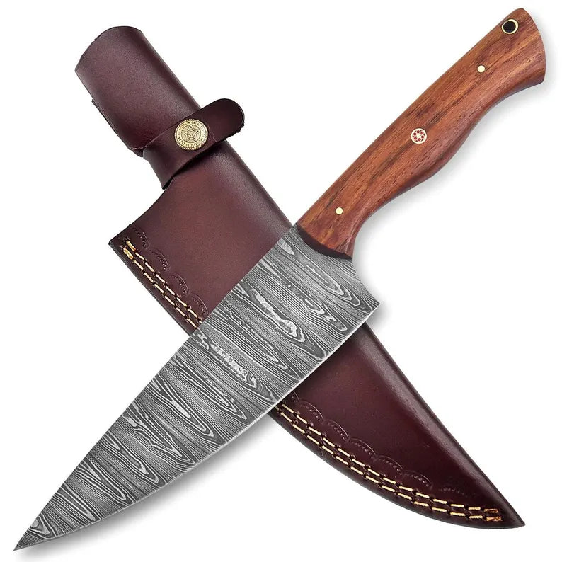 Chef Knife Handmade with Damascus Steel |  Rose Wood Handle